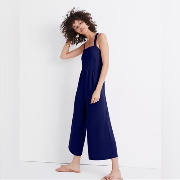 MADEWELL Navy Button Front Smocked Cross Back Jumpsuit Size 2 - Picture 2 of 16